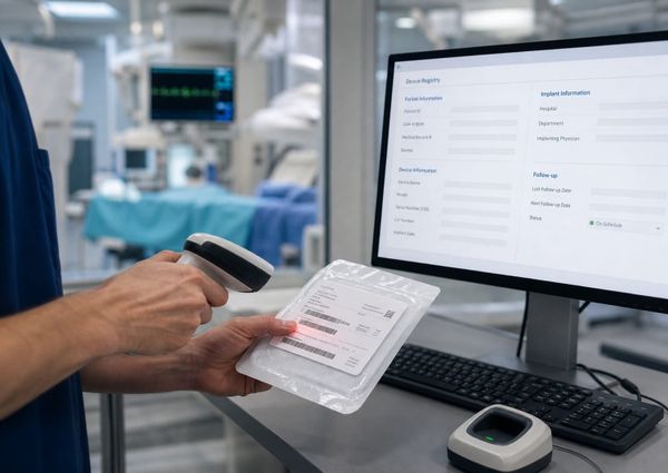 Barcode scanning of cardiac device packaging in hospital setting with device registry screen showing patient, device, implant and follow-up fields