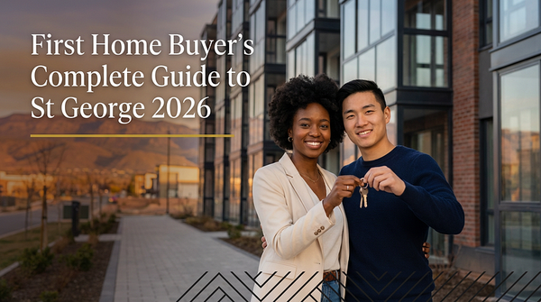 Young couple holding house keys in front of modern St George
 apartment building with warm, aspirational lighting.