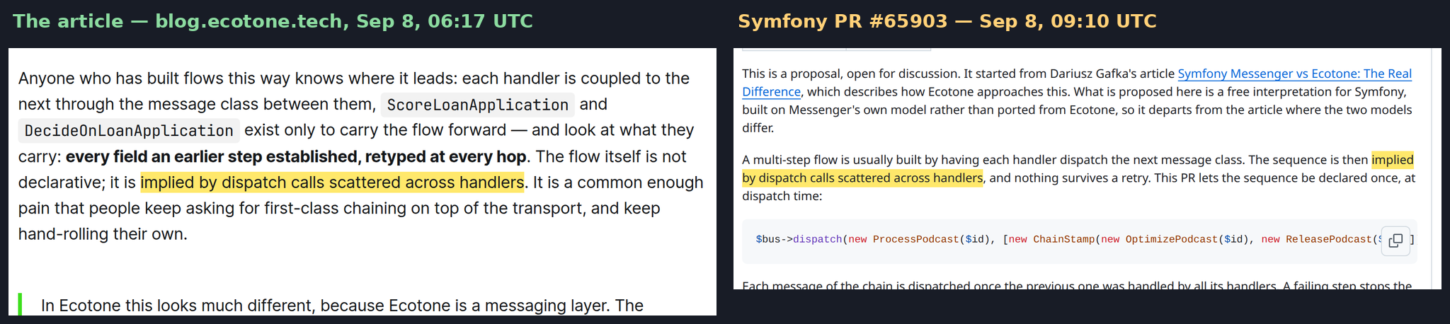 The article and Symfony PR 65903 side by side, the same seven-word phrase highlighted in both