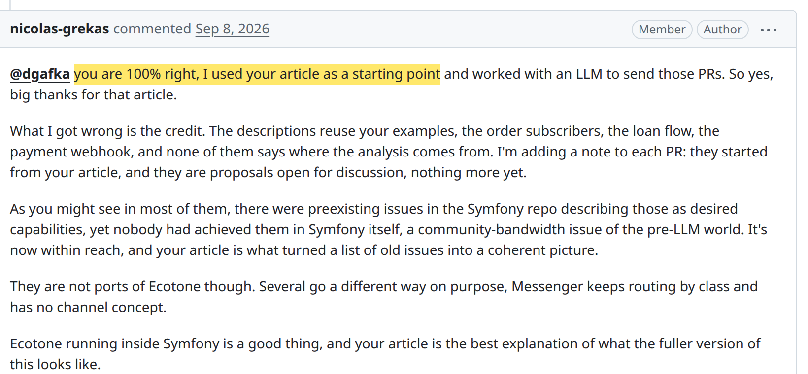 Nicolas Grekas's comment on Symfony PR 65903: "you are 100% right, I used your article as a starting point and worked with an LLM to send those PRs", followed by the credit correction and the closing endorsement
