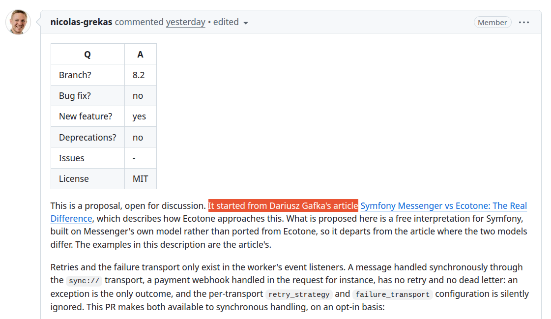 Top of Symfony PR 65903's description: "This is a proposal, open for discussion. It started from Dariusz Gafka's article Symfony Messenger vs Ecotone: The Real Difference", the credit highlighted