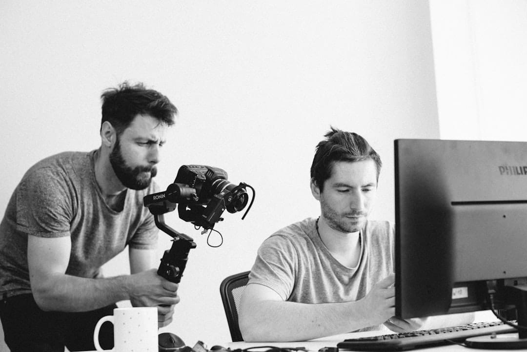 man holding camera pointing at monitor beside sitting man