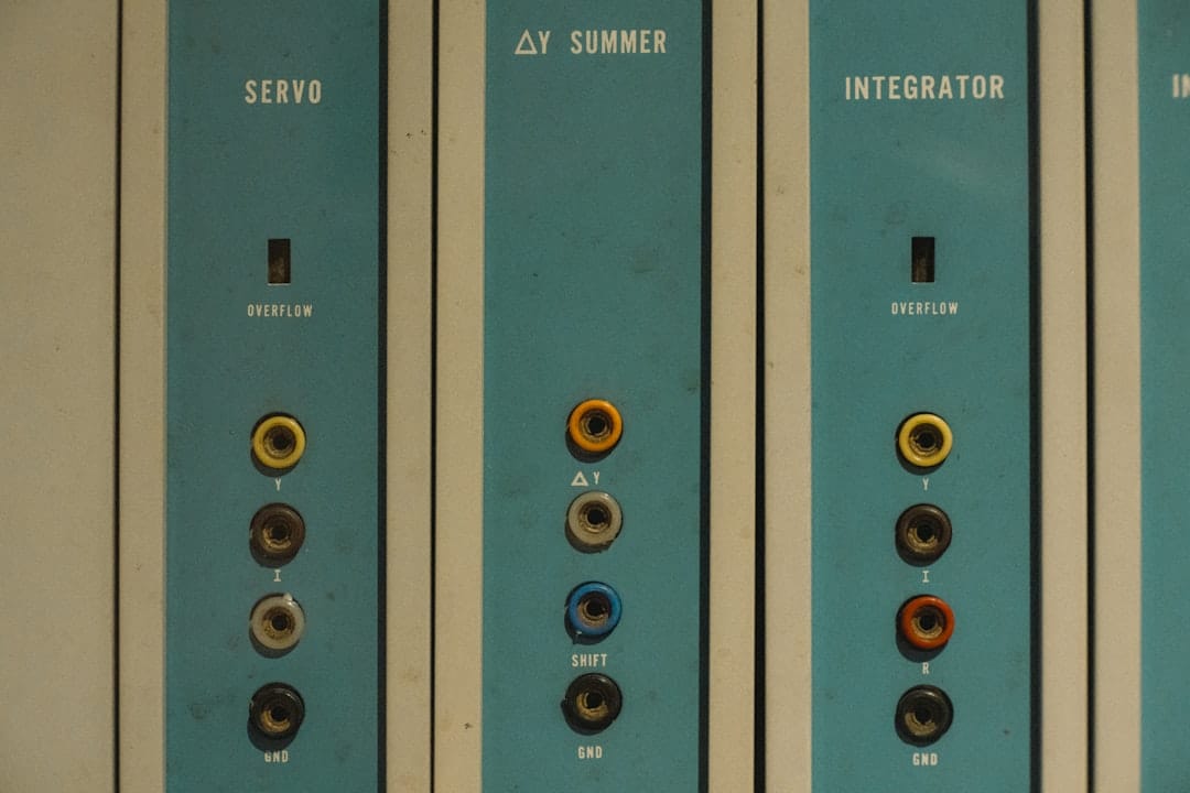 A row of blue and white electrical switches