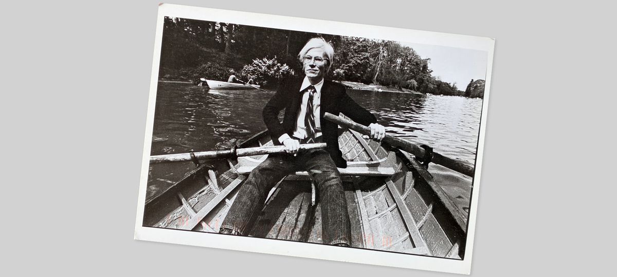 Postcard of Andy Warhol rowing a boat in France in 1981
