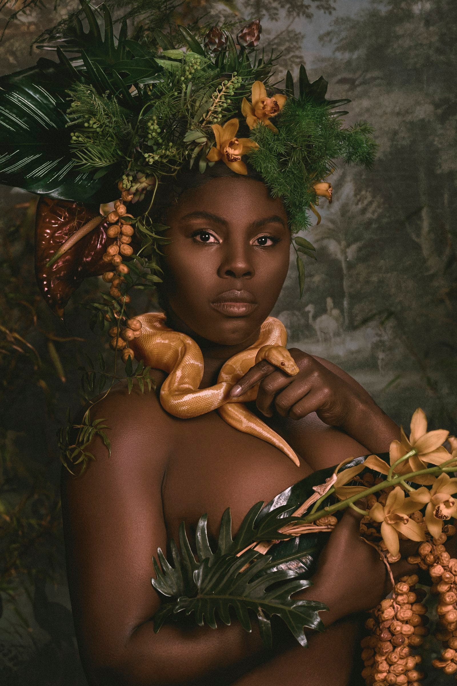 Fine art portrait with a lush botanical headdress