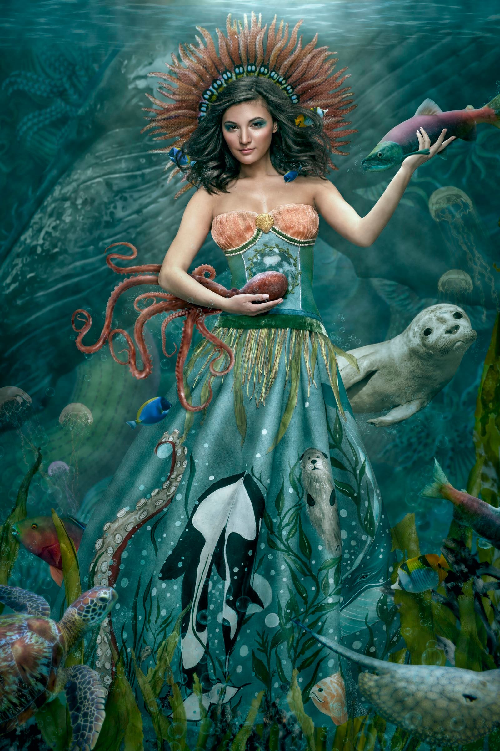 Fantasy ocean goddess composite with sea creatures