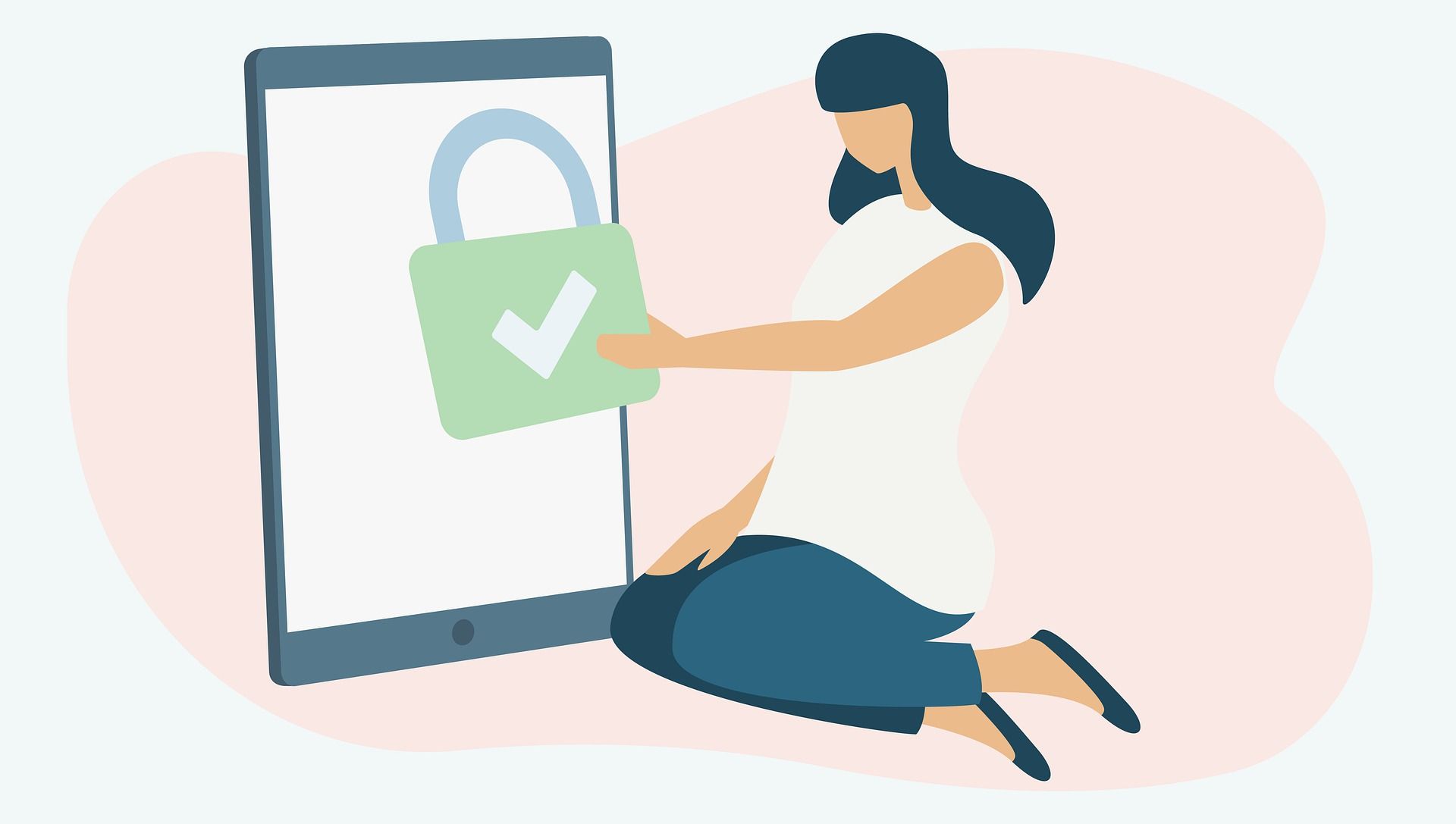 Image shows a dark haired woman in a white short sleeved shirt and dark blue pants kneeling next to a very large tablet which has a green padlock on the screen. She is reaching out one hand to touch the padlock.