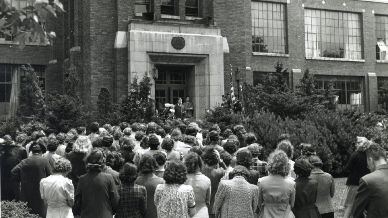 World War flag raising at the Amity Leather Company