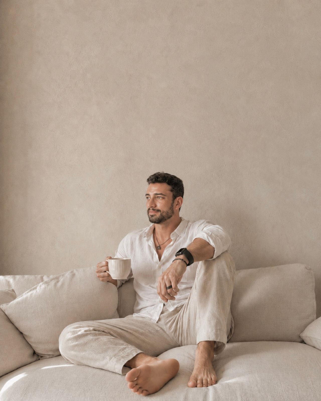 Portrait of Jhonatas Souza, founder of JF Casa Design and Miami-based interior designer, in a warm neutral residential setting reflecting his refined, contemporary design approach.