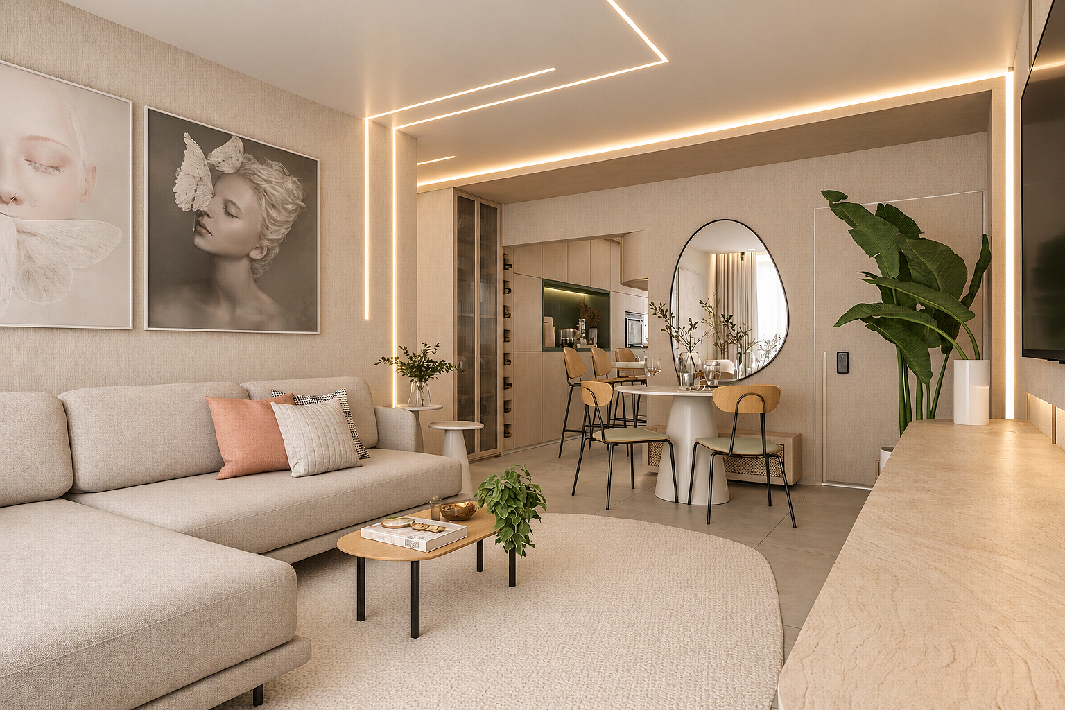 Contemporary residential living room by JF Casa Design featuring warm neutral tones, custom lighting, open-plan space planning, natural textures and modern interior design in Miami.