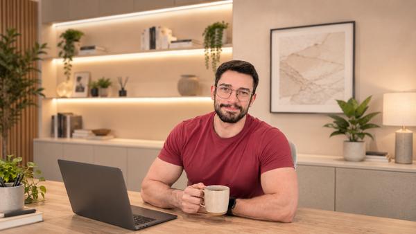 Jhonatas Souza, founder of JF Casa Design, in a contemporary Miami interior workspace.