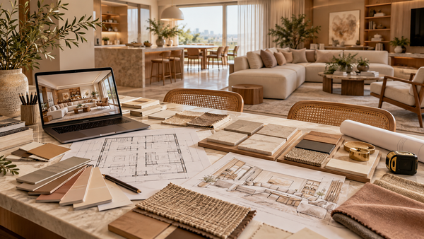 Projeto de interiores em desenvolvimento com planta baixa, amostras de materiais, tecidos e visualização 3D de residência em Miami.