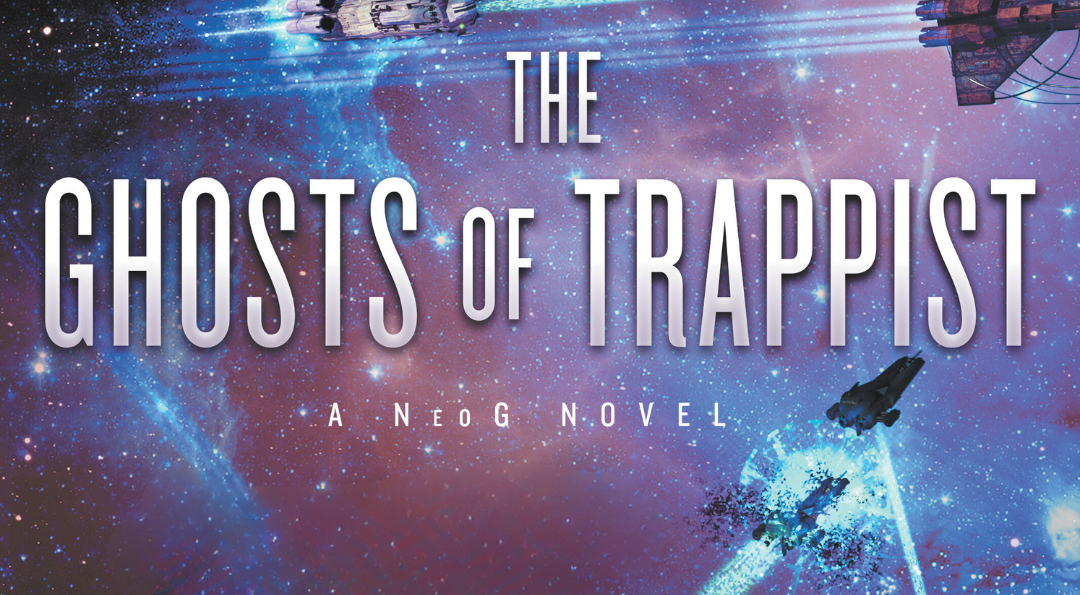Ghosts of Trappist cover by K.B. Wagers NeoG ships battle with pirate ships against a purple space background