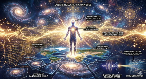 Infographic of human consciousness in a cosmic holographic universe and quantum matrix simulation.