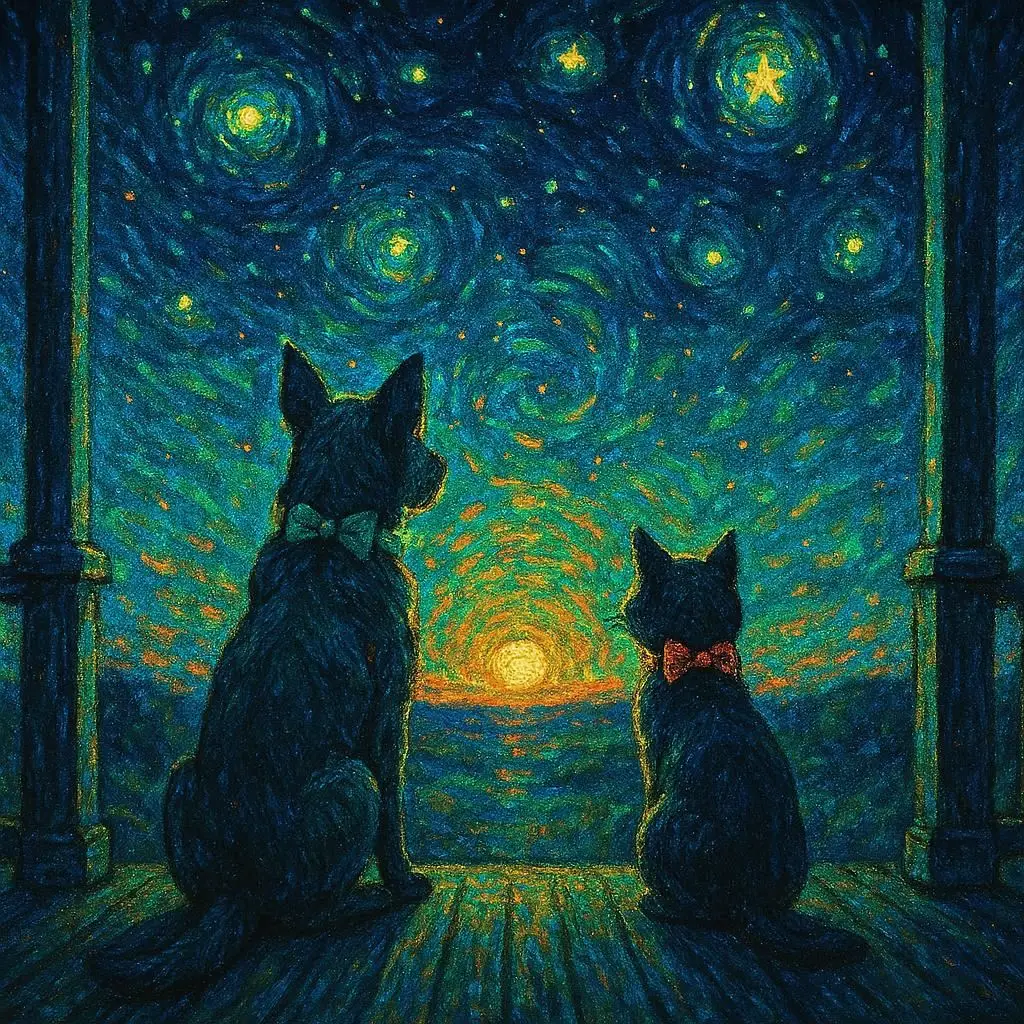 Create an image of a dog and a cat wearing bowties sat on a porch watching the sunrise in a starry sky in the style of a magical glow in the dark impressionist painting.
