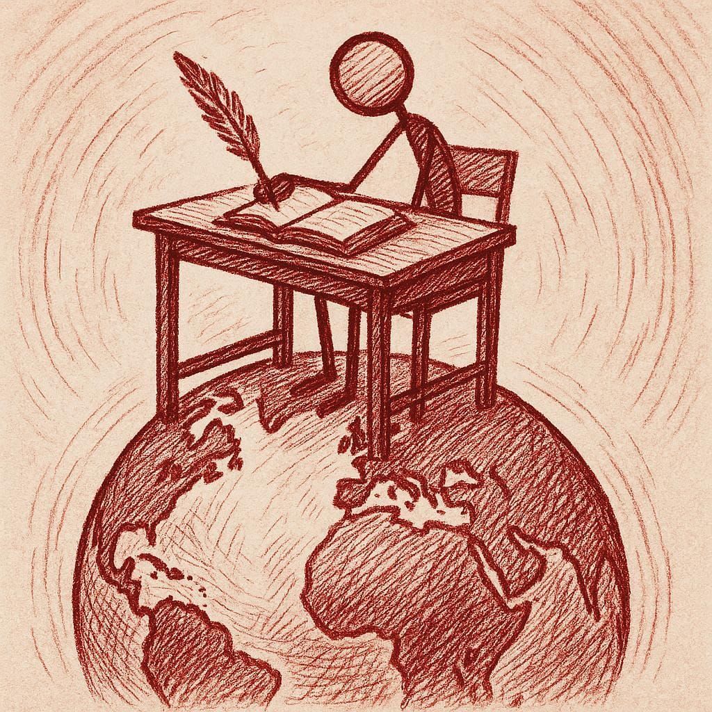 Create a stick figure pen and ink drawing of a desk on top of the world with a book and a quill on it using a crimson color palette.