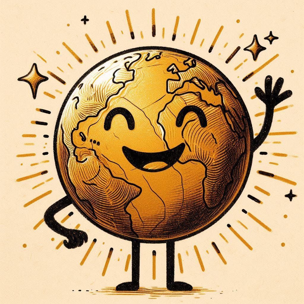 Create a stick figure pen and ink image of The World Smiling and waving at the viewer using a gold color palette.