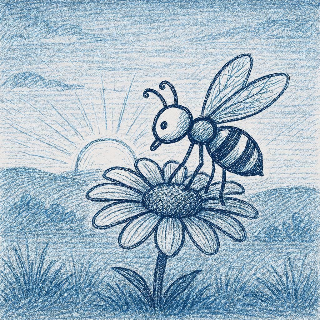 Create a stick figure pen and ink image of a bee on a flower at sunrise using a blue color palette.