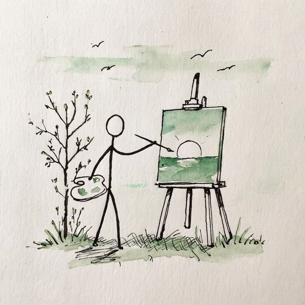 Create a stick figure pen and ink image of an artist painting a sunrise in Spring using a green color palette.