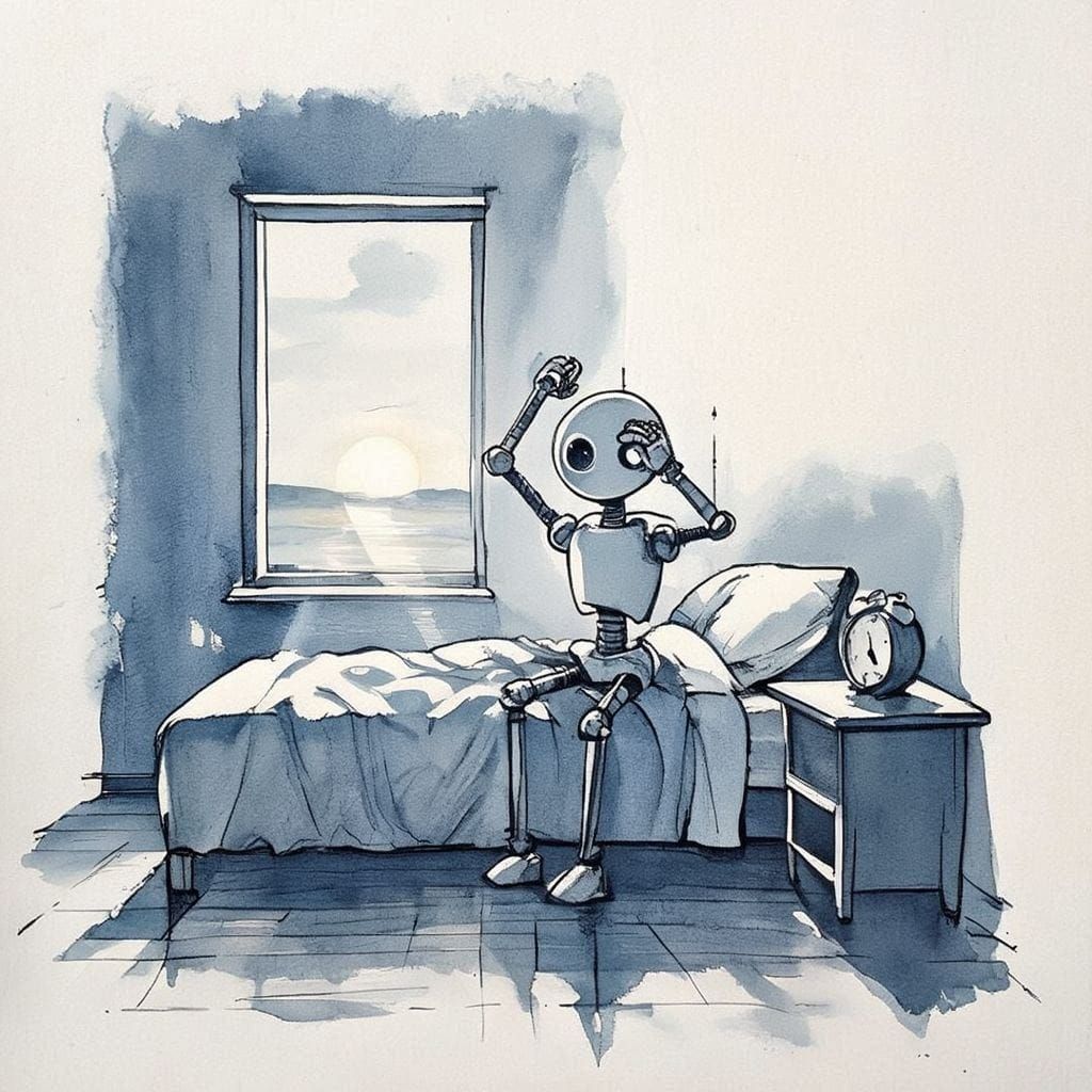 Create a stick figure pen and ink image of a robot waking up in the morning with sunrise showing in through a window using an indigo color palette.