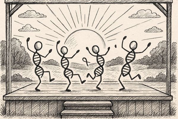 Create a stick figure pen and ink image of DNA molecules dancing on an outdoor stage at sunrise.