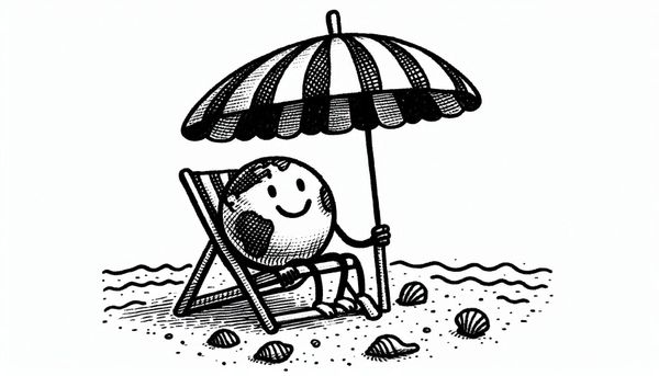 Create a stick figure pen and ink image of The World sitting under a beach umbrella.
