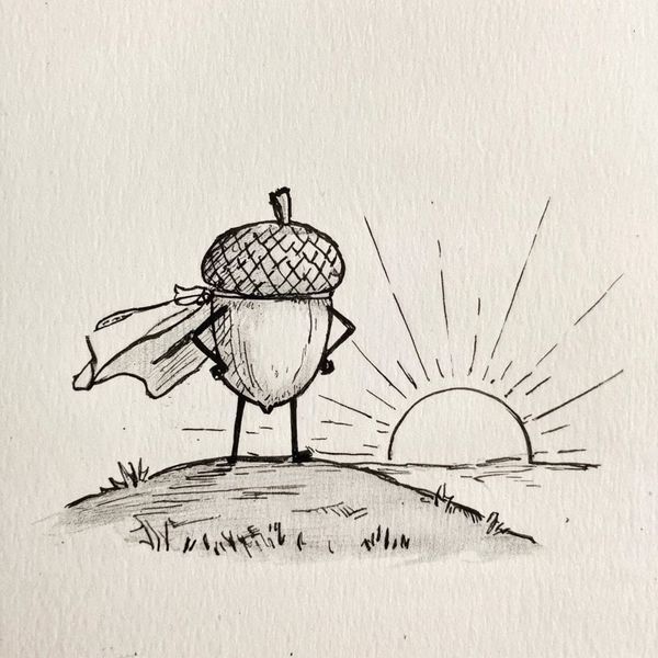 Create a stick figure pen and ink image of an acorn wearing a superhero cape watching the sunrise.