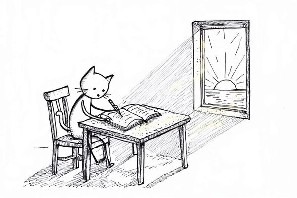 Create a stick figure pen and ink image of a cat writing in a journal by a window at sunrise.