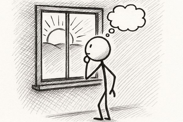Create a stick figure pen and ink drawing of a person looking out a window at sunrise making a wish.