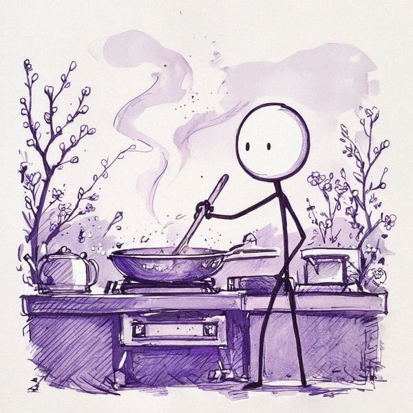Prompt Used: Create a stick figure pen and ink image of a person cooking at dawn on a Spring day using a purple color palette.
