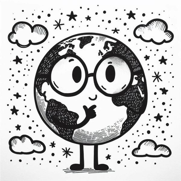 Create a stick figure pen and ink image of The Earth wearing glasses and thinking.