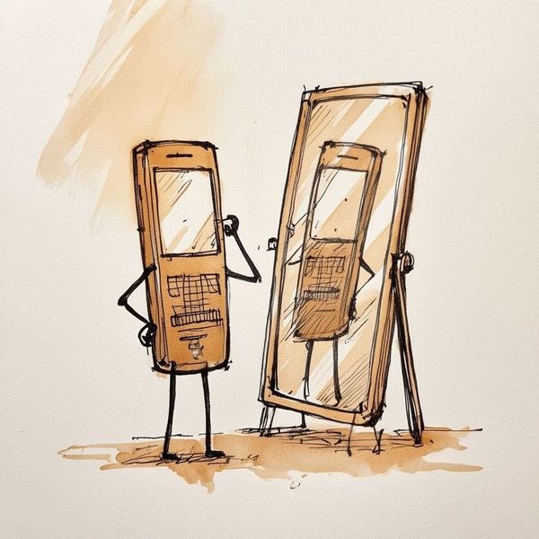 Create a stick figure pen and ink image of a cellphone checking itself out in a mirror using an amber color palette.