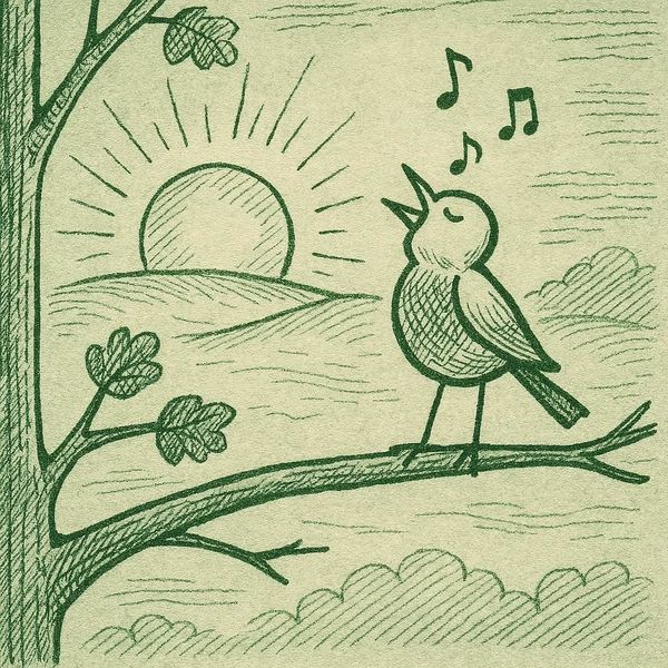 Create a stick figure pen and ink image of a robin on a tree branch singing for the sunrise.