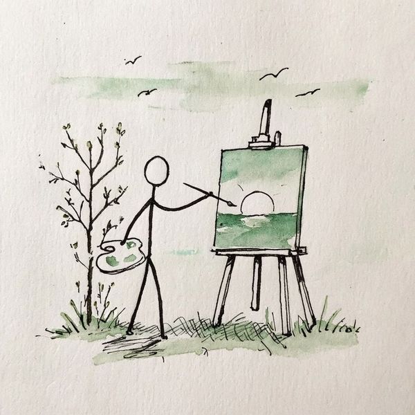 Create a stick figure pen and ink image of an artist painting a sunrise in Spring using a green color palette.