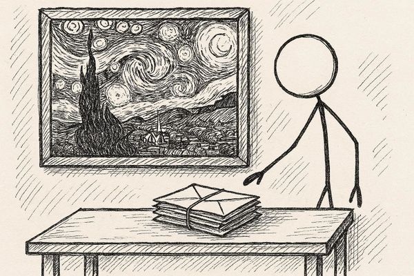 Create a stick figure pen and ink drawing of a stack of letters on a table near a painting of The Starry Night.