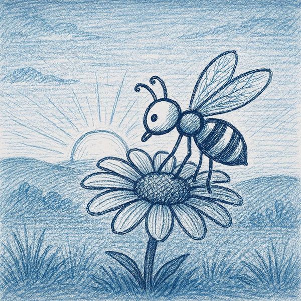 Create a stick figure pen and ink image of a bee on a flower at sunrise using a blue color palette.