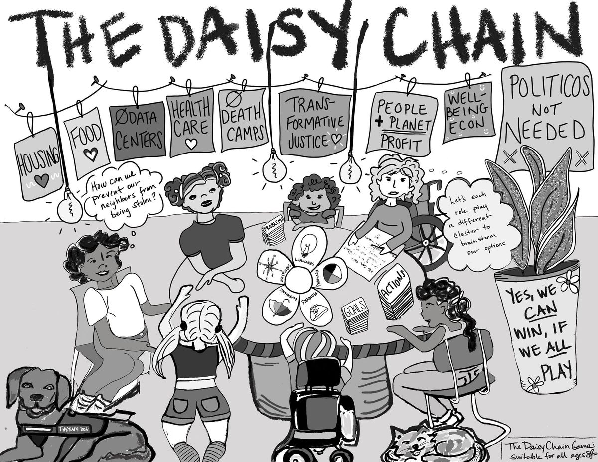 People sit around a table and brainstorm ways to help their neighbors, using The Daisy Chain as a heuristic to help them.