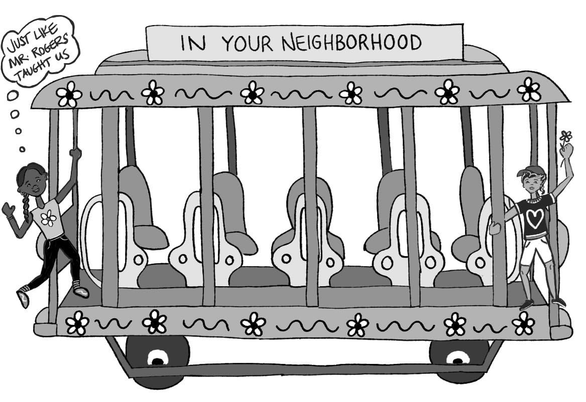two children riding a daisy-covered trolly with a sign that reads "in your neighborhood"