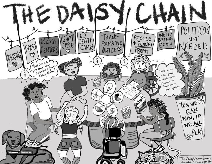 People sit around a table and brainstorm ways to help their neighbors, using The Daisy Chain as a heuristic to help them.