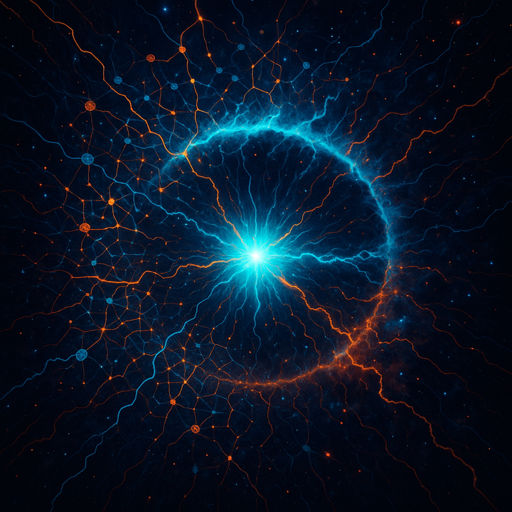 Abstract geometric visualization showing interconnected nodes and manifold surfaces representing mathematical coherence geometry and information topology