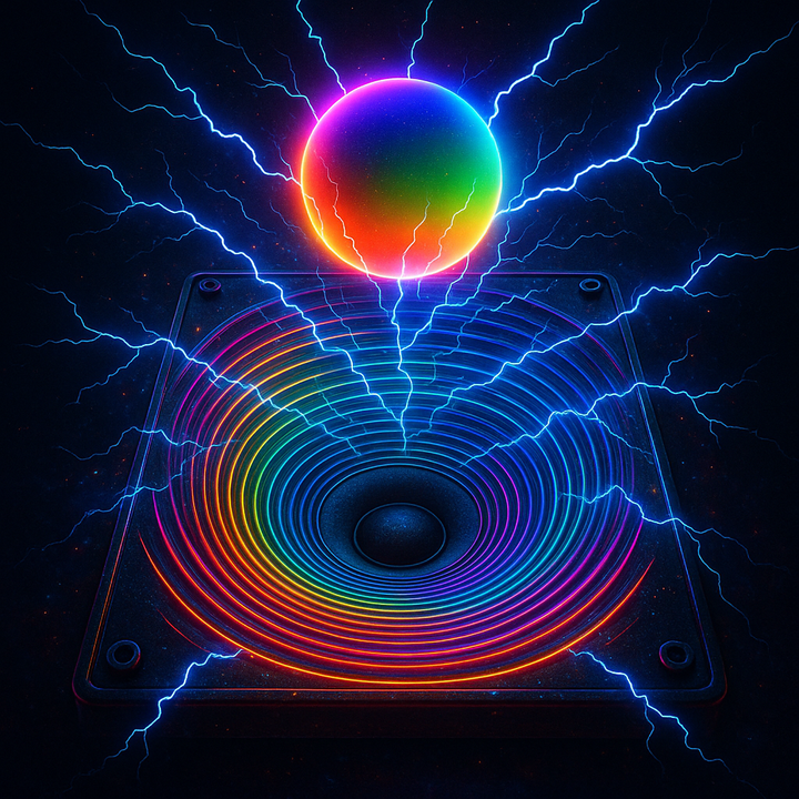 Abstract digital design with geometric shapes and neon colors representing musical coherence theory and cultural evolution
