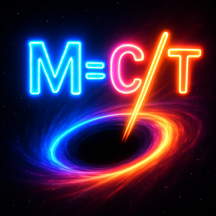 Mathematical equation M=C/T overlaid on imagery spanning atomic structures to human civilization networks