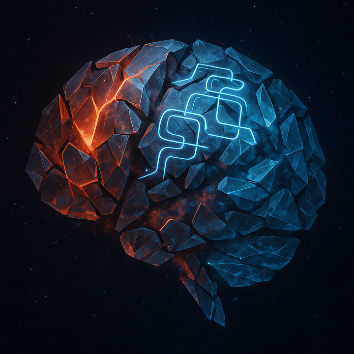 Fragmented geometric patterns in blue and purple tones representing disrupted neural prediction systems and broken coherence in trauma