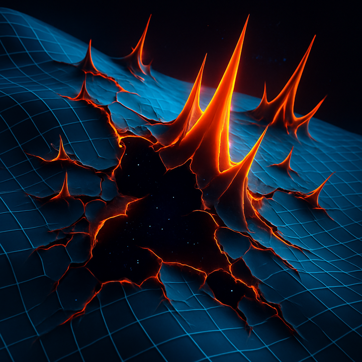 Abstract geometric artwork with fragmented blue-purple forms representing the topological collapse of mental coherence