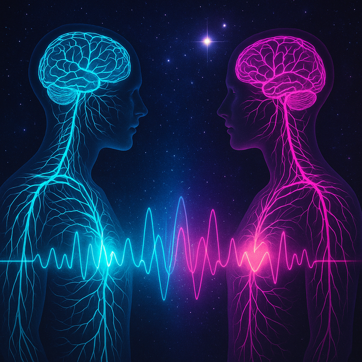 Abstract illustration of synchronized wave patterns representing rhythm and oscillation in nervous system entrainment