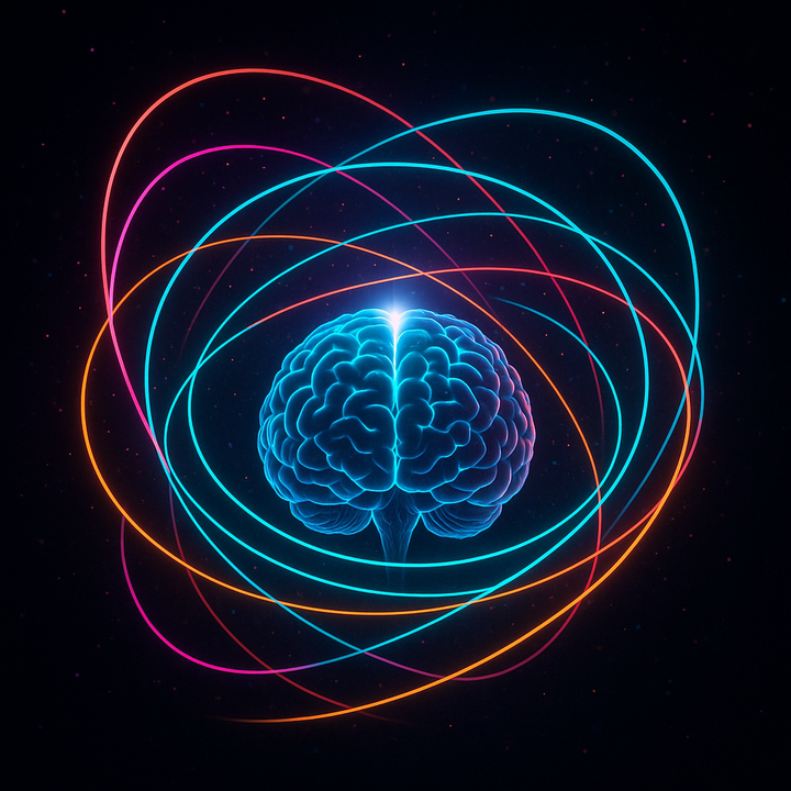Diagram showing brain oscillators failing to synchronize in ADHD, contrasting with synchronized neurotypical patterns