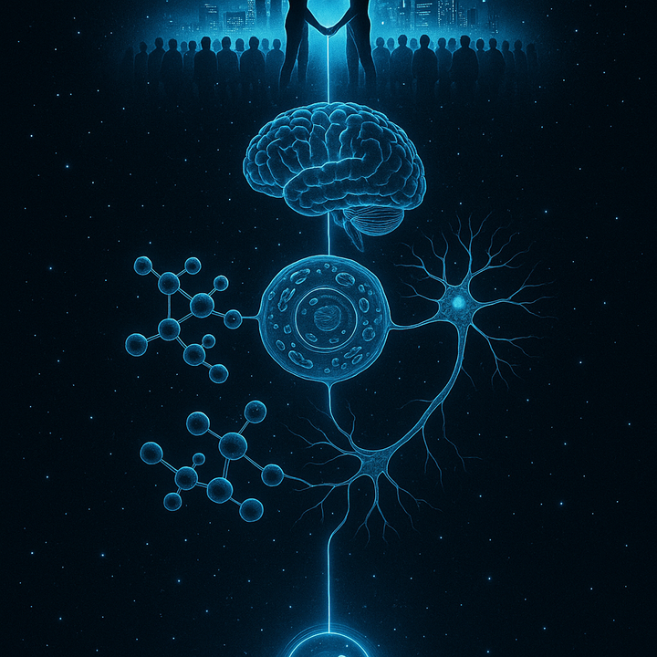 Abstract digital artwork representing interconnected systems across scales from quantum to cultural levels