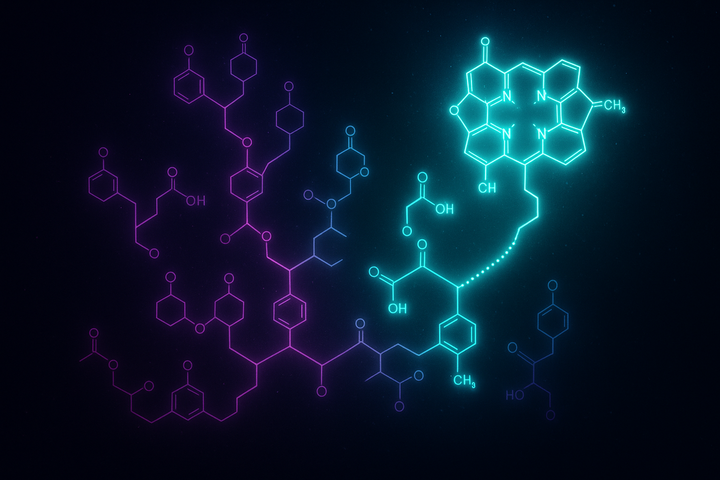Complex biological molecule visualized as luminous assembly pathway through construction space