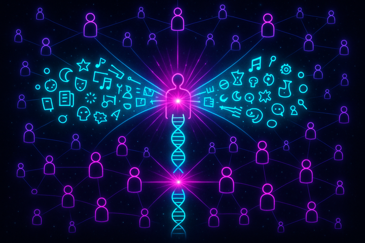 Human node receiving genetic and cultural inheritance streams creating integrated coherence pattern