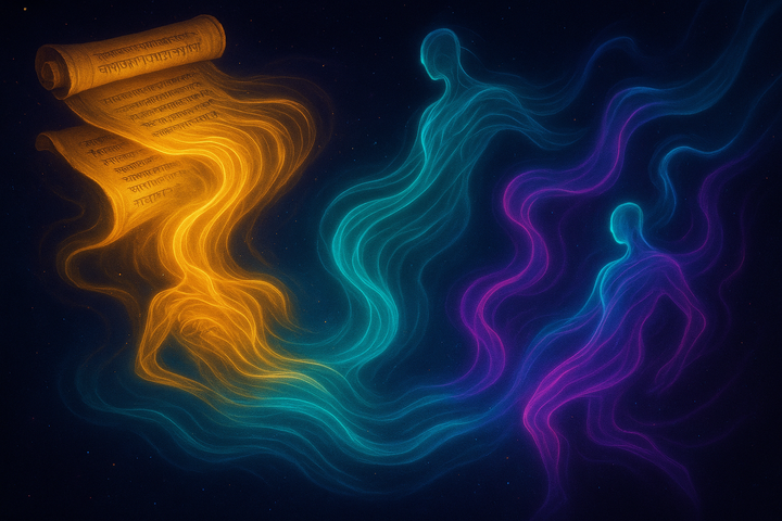 Ancient Sanskrit texts dissolving into flowing energy streams of luminous light